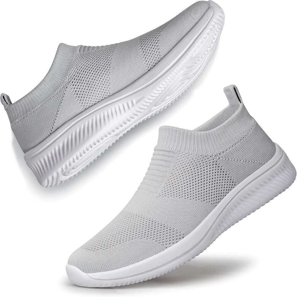 Sillenorth Mens Light Gray Sock Sneakers Lightweight Flat Casual Running Shoes